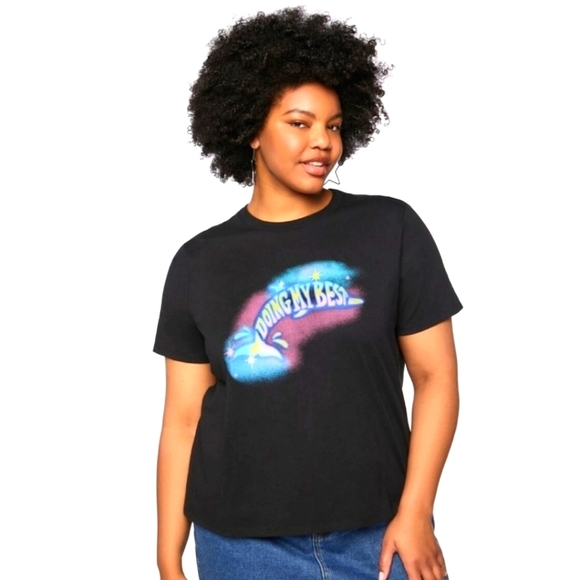 Doing My Best Black Graphic Tee Glitter Jumping Dolphin Purple Blue Yellow sz 1X - Picture 1 of 12